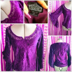 Angie Purple Velour Top With Flower Detailing Bellbottom Like Longsleaves